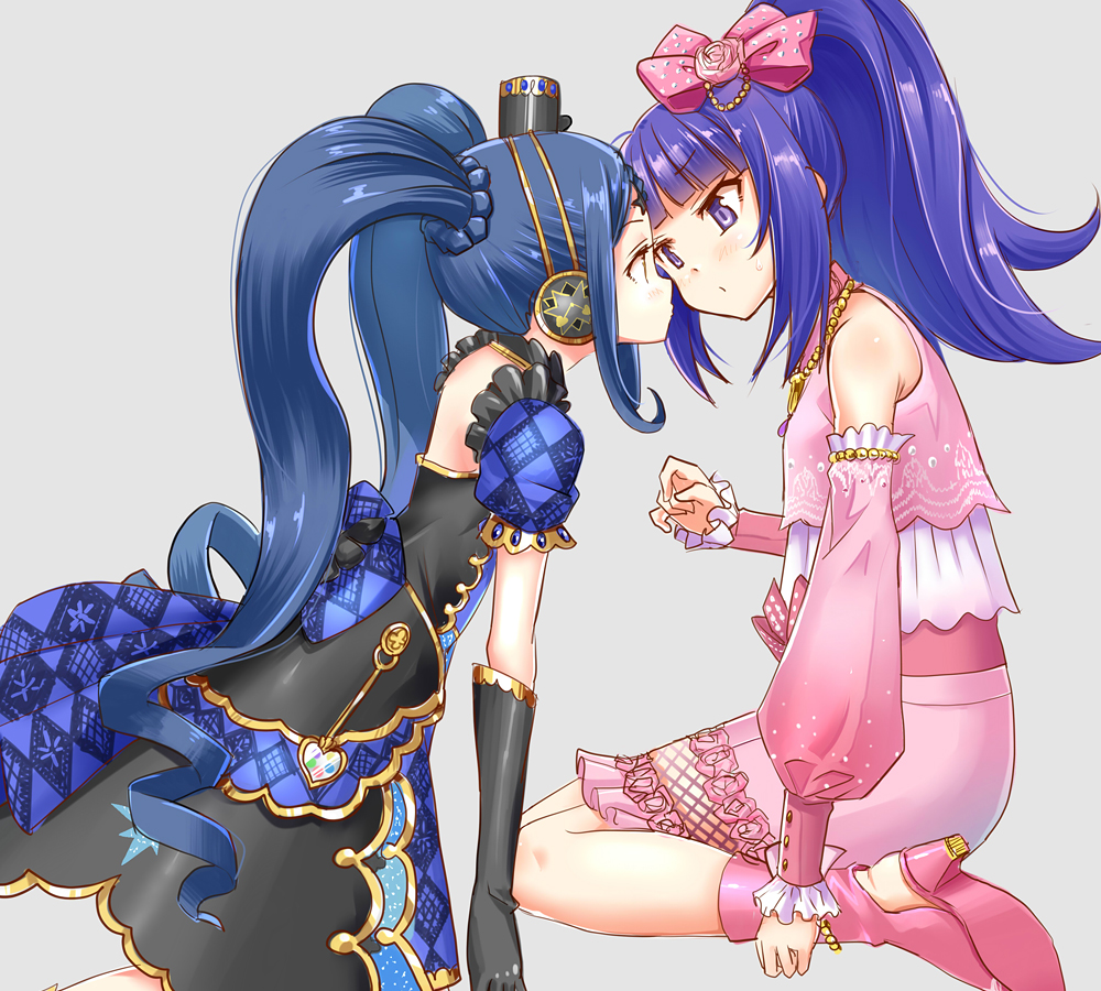 2girls bangs bare_shoulders black_dress black_gloves black_hat blue_hair blush boots bow character_request closed_mouth commentary_request detached_sleeves dress elbow_gloves eye_contact eyebrows_visible_through_hair flower gloves grey_background hair_bow hair_flower hair_ornament hanazono_shuuka hat high_heel_boots high_heels high_ponytail idol_time_pripara long_hair long_sleeves looking_at_another mini_hat multiple_girls okiru pink_bow pink_flower pink_footwear pink_rose pink_shirt pink_skirt ponytail pripara puffy_long_sleeves puffy_short_sleeves puffy_sleeves purple_hair rose shirt short_sleeves sidelocks simple_background skirt sweat twintails very_long_hair violet_eyes