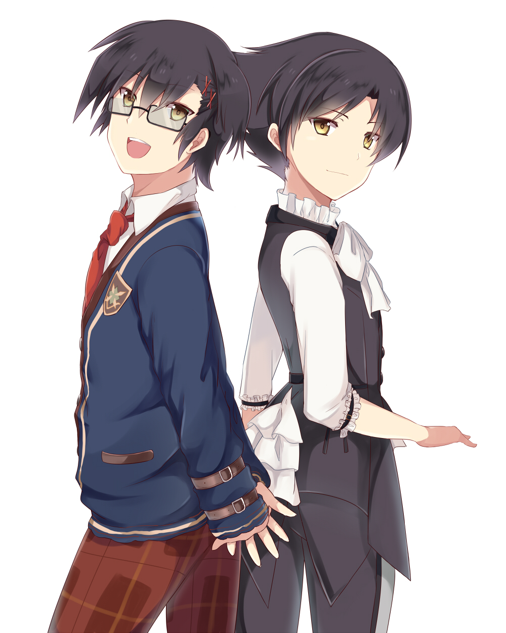 2boys alternate_hairstyle back-to-back bespectacled black_pants blue_coat bow brown_eyes butler dual_persona glasses hair_ornament highres jude_mathis long_sleeves medium_sleeves multiple_boys open_mouth pants plaid plaid_pants red_neckwear red_pants rento_(rukeai) shirt smile tales_of_(series) tales_of_xillia tales_of_xillia_2 white_bow white_shirt