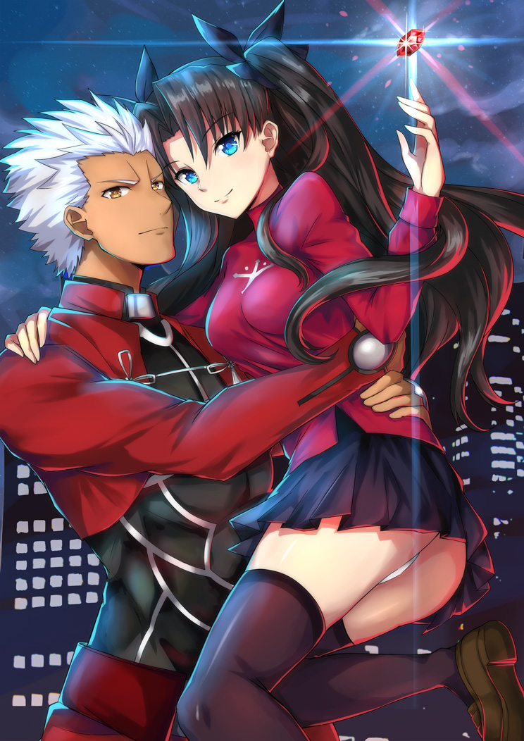 1boy 1girl archer bangs black_legwear black_ribbon black_skirt blue_eyes brown_eyes brown_footwear brown_hair eyebrows_visible_through_hair fate/stay_night fate_(series) floating_hair gem hair_between_eyes hair_ribbon hand_on_another's_shoulder kelinch1 loafers long_hair looking_at_viewer miniskirt night outdoors panties pleated_skirt red_shirt ribbon shirt shoes silver_hair skirt sky smile star_(sky) starry_sky thigh-highs tohsaka_rin twintails underwear very_long_hair white_panties