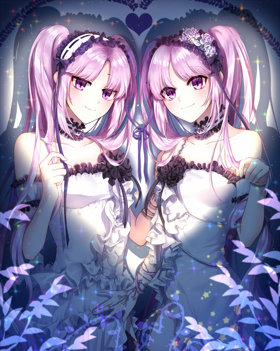2girls bare_shoulders blush branch choker commentary_request dress euryale fate/hollow_ataraxia fate_(series) hairband heart highres hm_(wonhml) leaf lolita_hairband looking_at_viewer multiple_girls shadow siblings sisters smile sparkle star stheno strapless strapless_dress twins white_dress