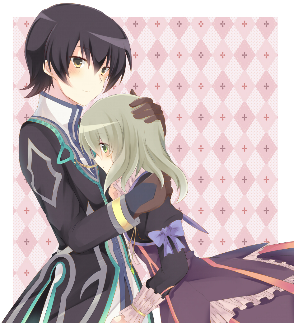 1boy 1girl black_hair black_jacket blush bow brown_eyes brown_gloves dress elize_lutus gloves green_eyes grey_hair hand_on_another's_head hug jacket jewelry jude_mathis long_sleeves necklace pink_background puffy_sleeves purple_bow purple_dress rento_(rukeai) smile tales_of_(series) tales_of_xillia tales_of_xillia_2