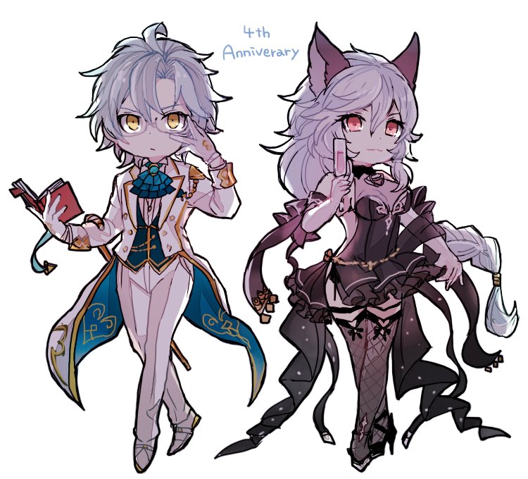 1boy 1girl altair_(granblue_fantasy) animal_ears backless_outfit book braid breasts cat_ears champagne_flute chibi cleavage closed_mouth commentary_request cup dress drinking_glass erune fishnet_legwear fishnets glasses gloves granblue_fantasy heles high_heels long_hair medium_breasts red_eyes shiina_kimagure short_hair silver_hair single_braid very_long_hair white_gloves yellow_eyes