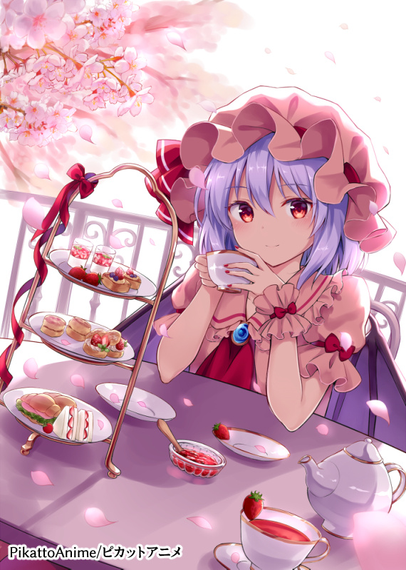 1girl ascot bangs bat_wings blush bow closed_mouth collared_shirt cup dutch_angle eyebrows_visible_through_hair fingernails flower food frilled_shirt_collar frills fruit hair_between_eyes hat hat_bow head_tilt holding holding_cup kure~pu looking_at_viewer mob_cap nail_polish petals pink_flower pink_hat pink_shirt puffy_short_sleeves puffy_sleeves purple_hair purple_wings railing red_bow red_eyes red_nails red_neckwear remilia_scarlet saucer shirt short_sleeves sitting smile solo strawberry table teacup teapot tiered_tray touhou tree_branch white_background wings wrist_cuffs