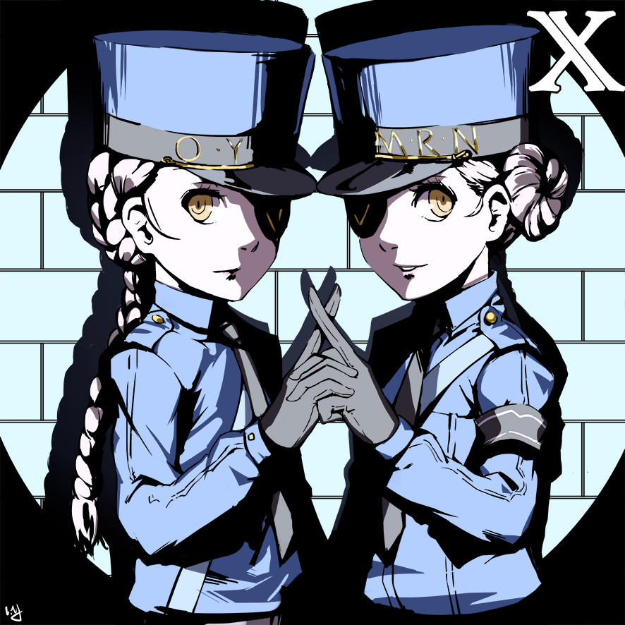 2girls armband blue_hat blue_jacket braid caroline_(persona_5) eyepatch gloves grey_gloves grey_neckwear hand_holding hat index_finger_raised interlocked_fingers jacket justine_(persona_5) long_hair multiple_girls nanaya_(daaijianglin) necktie persona persona_5 ponytail short_hair silver_hair single_braid standing tied_hair uniform upper_body yellow_eyes