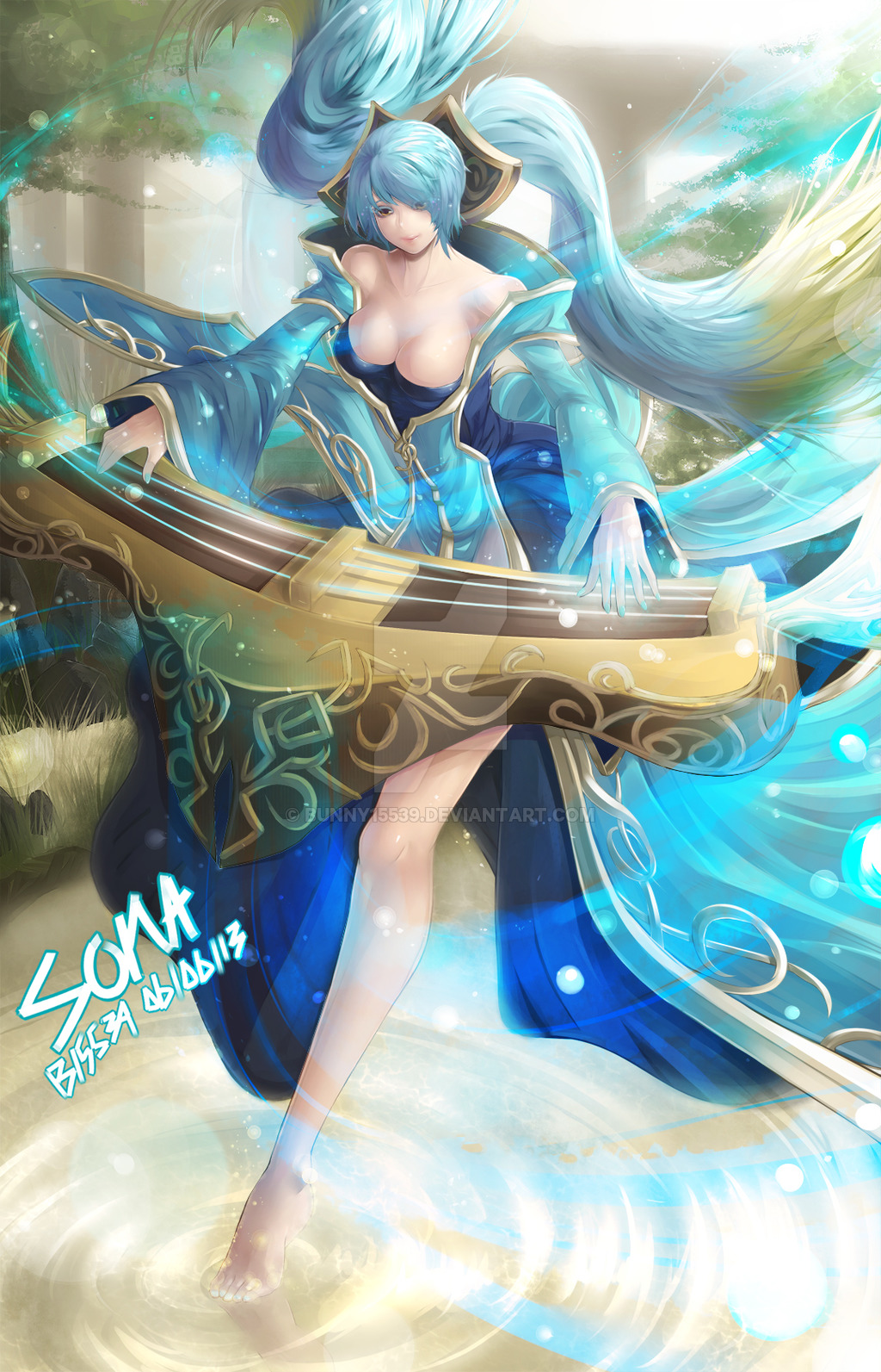 1girl bare_shoulders barefoot blue_hair breasts bryan_song cleavage detached_sleeves dress etwahl gradient_hair hair_ornament highres impossible_clothes impossible_dress large_breasts league_of_legends long_hair low_neckline multicolored_hair nail_polish sona_buvelle tagme twintails very_long_hair yellow_eyes