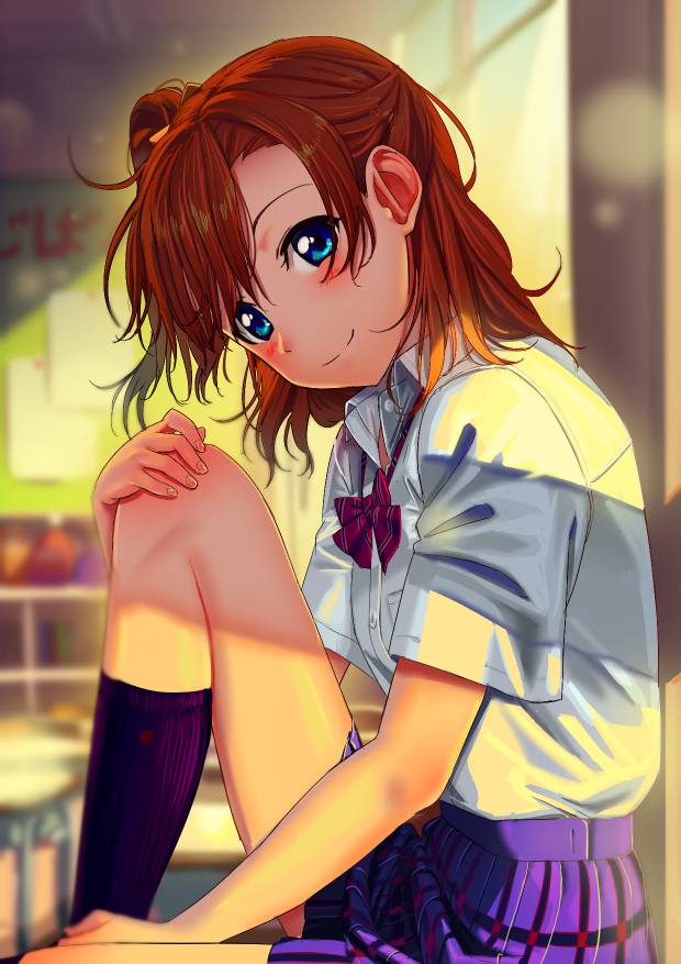 1girl blue_eyes blurry blurry_background blush bow bowtie classroom closed_mouth collared_shirt commentary_request depth_of_field from_side indoors knee_up kousaka_honoka looking_at_viewer love_live! love_live!_school_idol_project one_side_up orange_hair poligon_(046) purple_legwear purple_skirt red_neckwear school_uniform shirt short_hair short_sleeves skirt smile socks solo white_shirt wing_collar