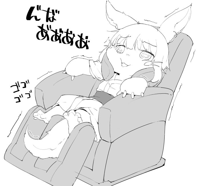 1other :3 animal_ears bangs bath_yukata brown_fur eyebrows_visible_through_hair furry japanese_clothes kimono long_hair made_in_abyss massage_chair monochrome nanachi_(made_in_abyss) open_mouth sash simple_background sitting solo tail tera_zip towel white_background white_hair yukata