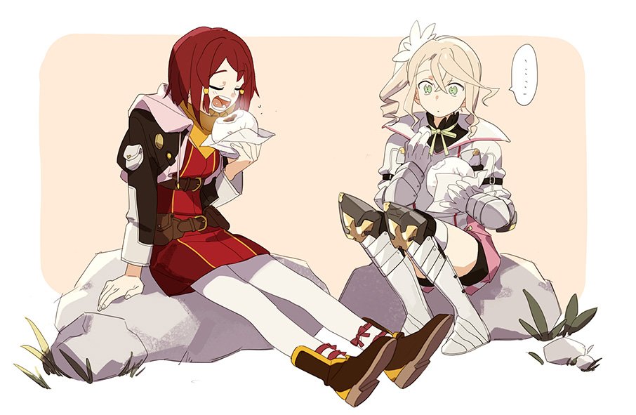 2girls ahn arm_support armor blonde_hair breastplate brown_hair character_request closed_eyes copyright_request drill_hair eating food_request gloves green_eyes multiple_girls outside_border rock side_drill side_ponytail sitting_on_rock white_border white_gloves white_legwear