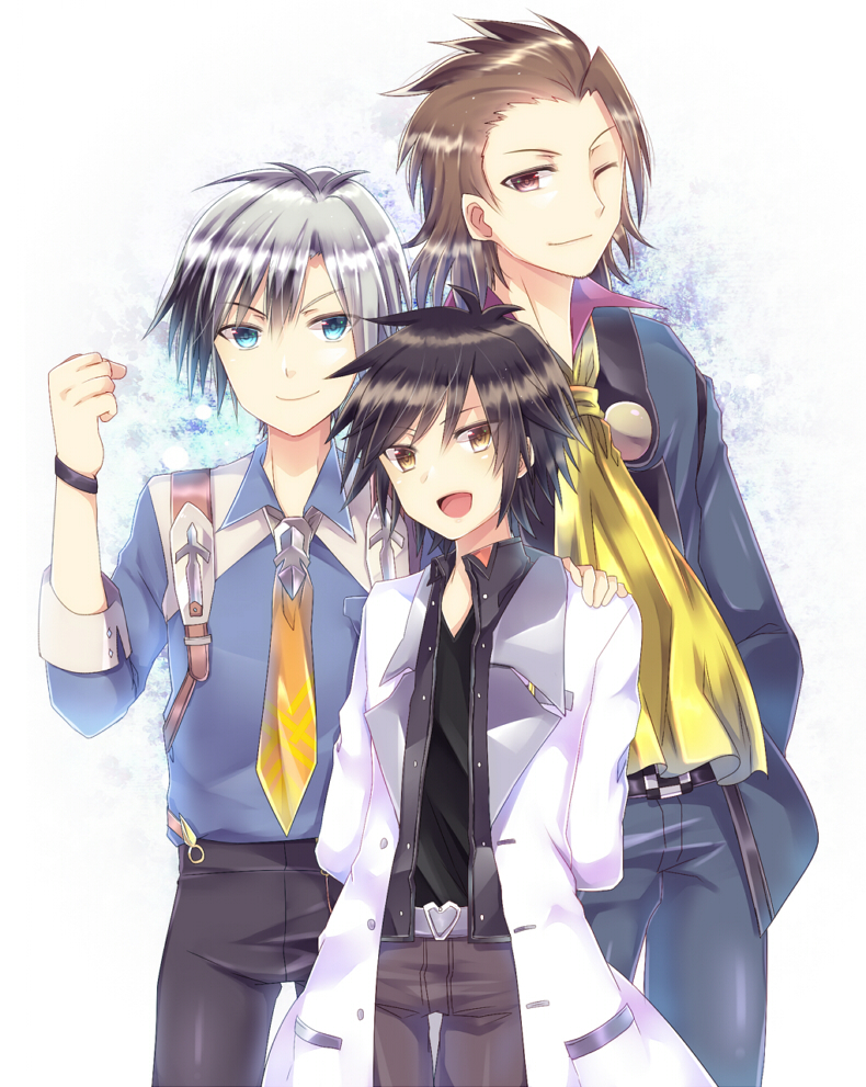 3boys alvin_(tales) aqua_eyes arms_behind_back black_hair black_pants black_shirt blue_shirt bracelet brown_eyes brown_hair brown_pants checkered grey_pants hand_in_pocket hand_on_another's_shoulder jewelry jude_mathis looking_at_viewer ludger_will_kresnik male_focus multiple_boys necktie one_eye_closed open_mouth overalls pants rento_(rukeai) shirt silver_hair sleeves_folded_up smile spiky_hair tales_of_(series) tales_of_xillia tales_of_xillia_2 white_coat white_neckwear