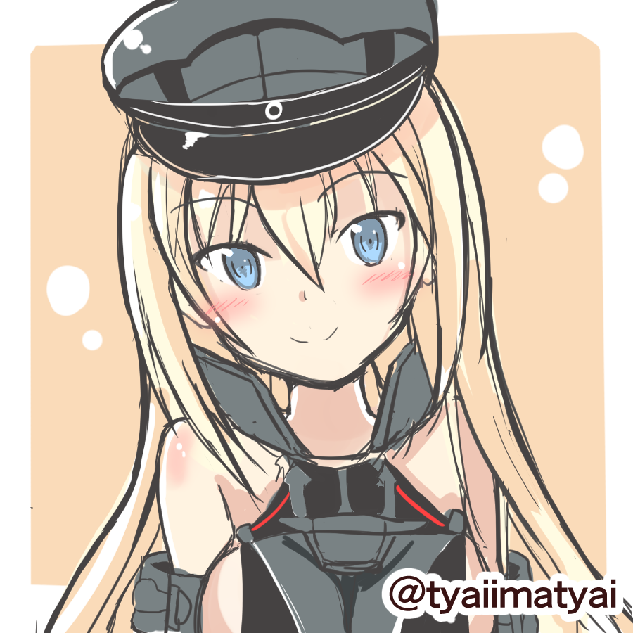 1girl artist_request bare_shoulders bismarck_(kantai_collection) blonde_hair blue_eyes breasts commentary_request detached_sleeves hat kantai_collection large_breasts long_hair military_hat peaked_cap sideboob sketch smile solo twitter_username
