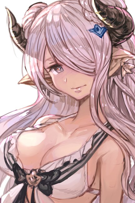 1girl bikini_top breasts double_bun draph earrings granblue_fantasy hankuri horns jewelry large_breasts looking_at_viewer narmaya_(granblue_fantasy) pink_hair pointy_ears swimsuit