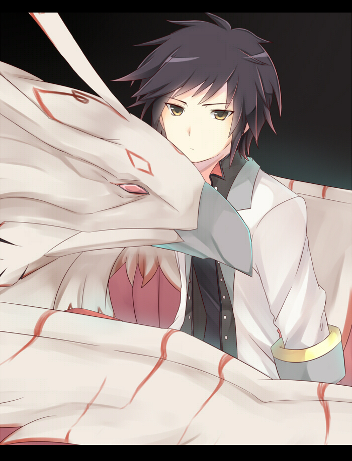 1boy bird black_background black_hair black_shirt brown_eyes long_sleeves looking_at_viewer rento_(rukeai) shirt simple_background sleeves_rolled_up solo tales_of_(series) tales_of_xillia tales_of_xillia_2 white_coat wings