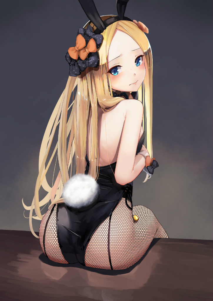 1girl abigail_williams_(fate/grand_order) animal_ears ass back bangs bare_shoulders black_bow blonde_hair blue_eyes blush bow bowtie bunny_girl bunny_tail bunnysuit detached_collar fate/grand_order fate_(series) fishnet_pantyhose fishnets hair_bow hips leotard long_hair looking_at_viewer orange_bow pantyhose parted_bangs polka_dot polka_dot_bow rabbit_ears simple_background sitting solo strapless strapless_leotard sunga2usagi tail very_long_hair wrist_cuffs