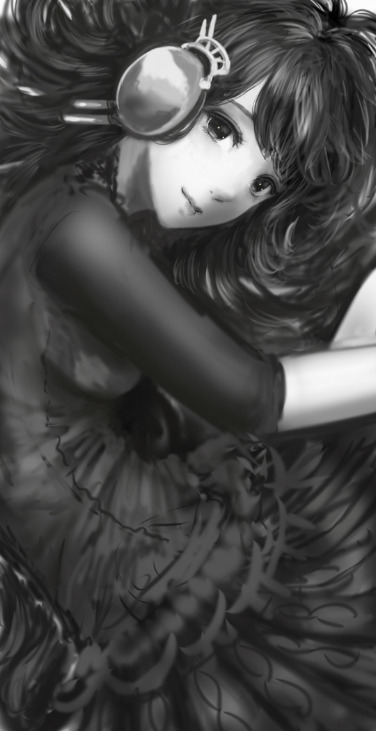 1girl closed_mouth dress from_side greyscale hair_spread_out headphones long_hair looking_at_viewer looking_to_the_side monochrome original sakimori_(hououbds) smile solo