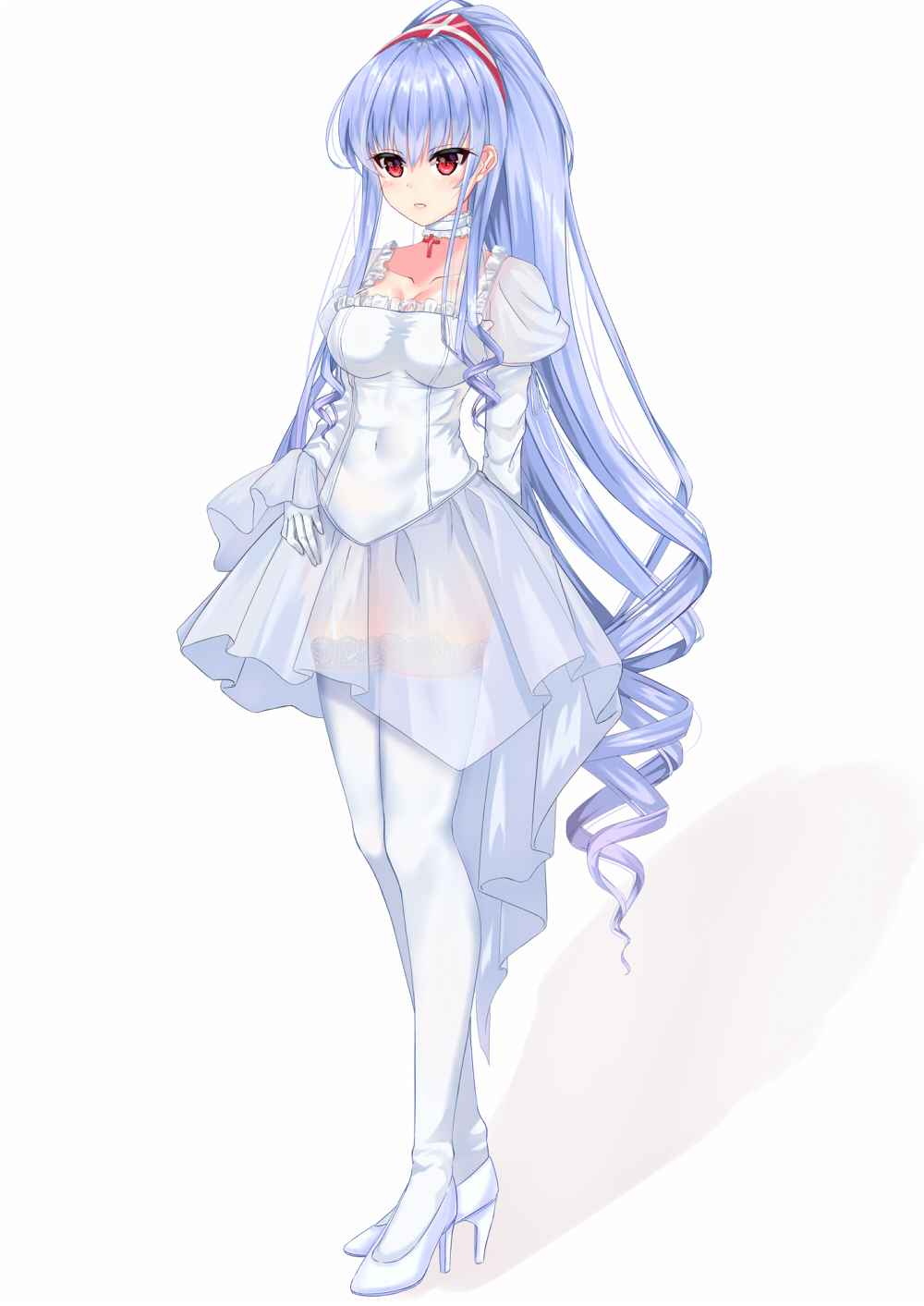 1girl blue_hair blush breasts choker cleavage covered_navel dress full_body garter_straps gloves high_heels highres long_hair looking_at_viewer mukatsukulsp original puffy_sleeves red_eyes see-through sidelocks solo standing thigh-highs very_long_hair white_choker white_dress white_footwear white_gloves white_legwear