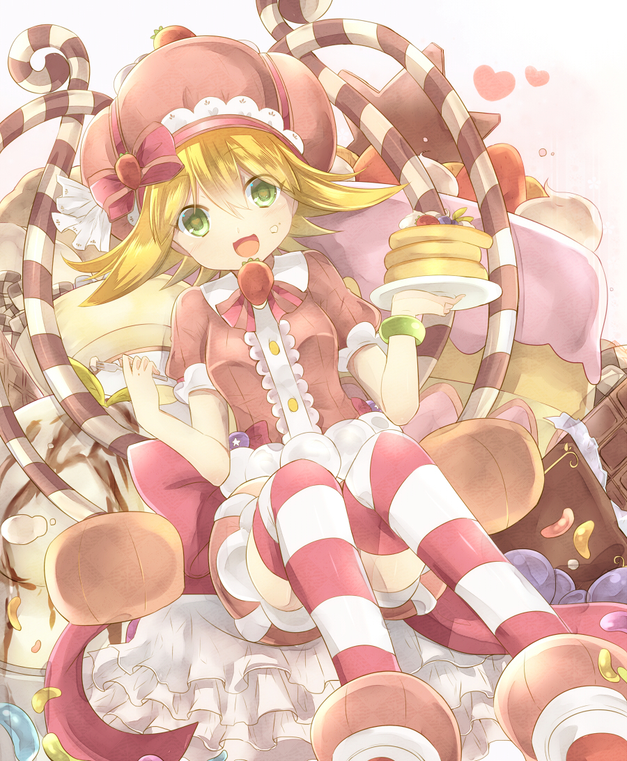 1girl amitie_(puyopuyo) blonde_hair bow brown_dress candy candy_cane cream cream_on_face dress food food_on_face food_themed_hair_ornament fork frilled_dress frills fruit green_eyes hair_ornament hat heart heart-shaped_pupils heart_background holding holding_fork holding_plate horizontal-striped_legwear looking_at_viewer open_mouth pancake pink_bow plate puffy_short_sleeves puffy_sleeves puyopuyo rento_(rukeai) short_hair short_sleeves sitting smile solo star strawberry strawberry_hair_ornament sweet_amitie symbol-shaped_pupils thigh-highs white_background