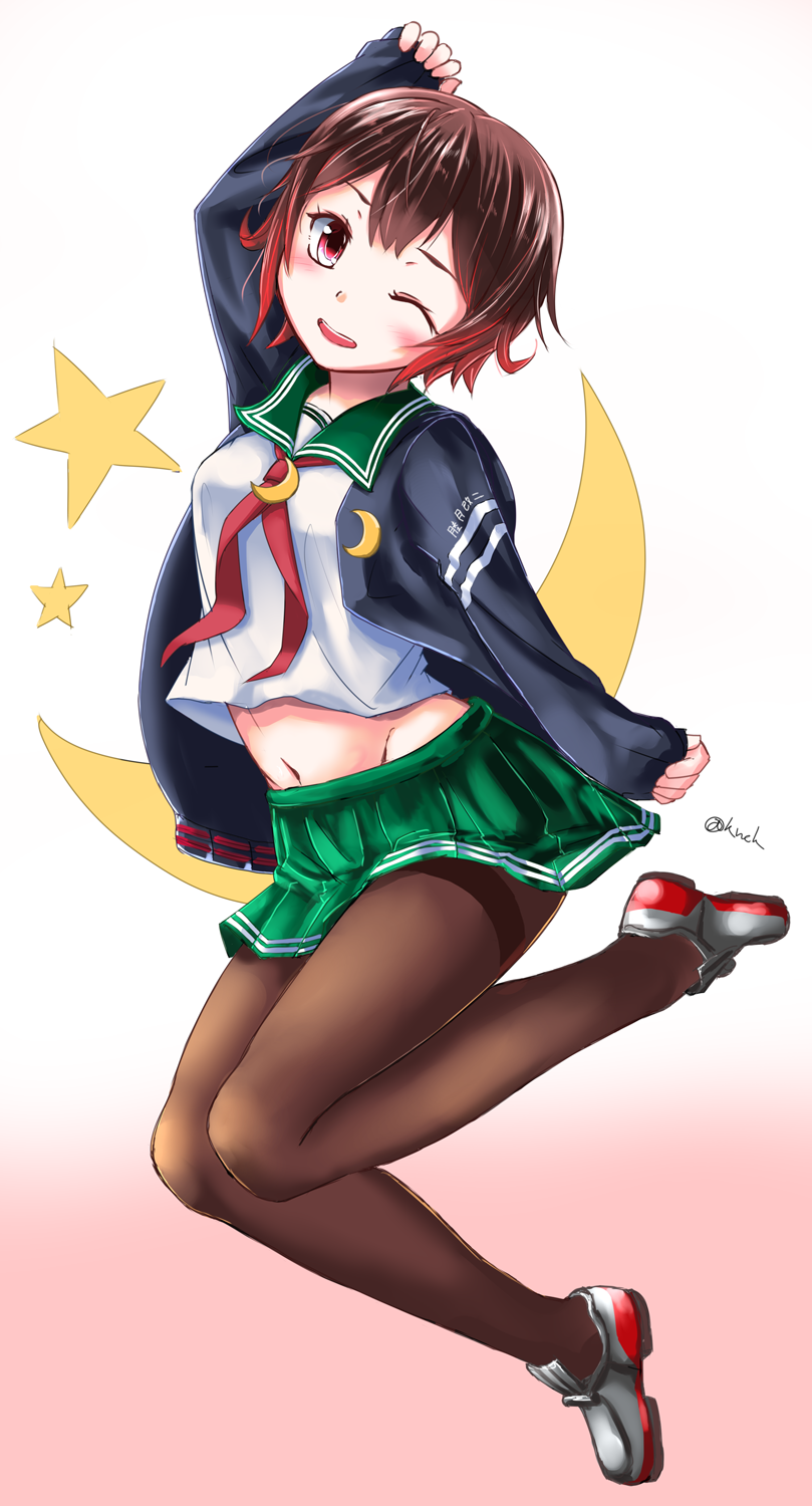 1girl breasts brown_hair brown_legwear crescent crescent_moon_pin full_body gradient_hair green_skirt highres jacket kantai_collection knck long_sleeves multicolored_hair mutsuki_(kantai_collection) navel neckerchief one_eye_closed open_mouth pantyhose pleated_skirt remodel_(kantai_collection) school_uniform shoes short_hair skirt small_breasts smile solo