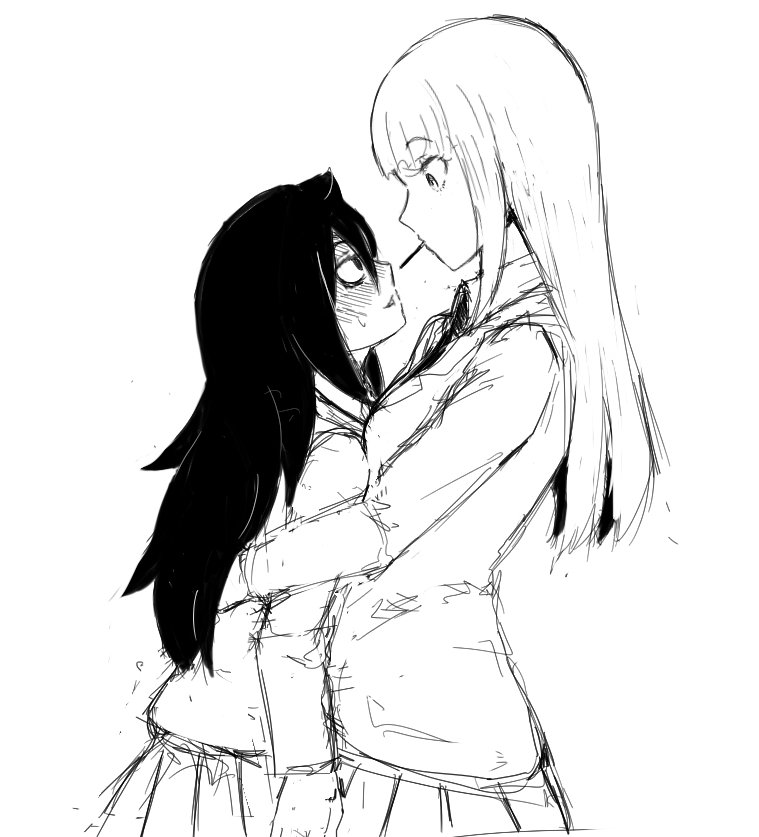 2girls blush commentary_request food from_side greyscale hug katou_asuka kuroki_tomoko long_hair long_sleeves looking_at_another matu_gyu monochrome mouth_hold multiple_girls open_mouth pleated_skirt pocky pocky_kiss shared_food sketch skirt watashi_ga_motenai_no_wa_dou_kangaetemo_omaera_ga_warui! white_background yuri