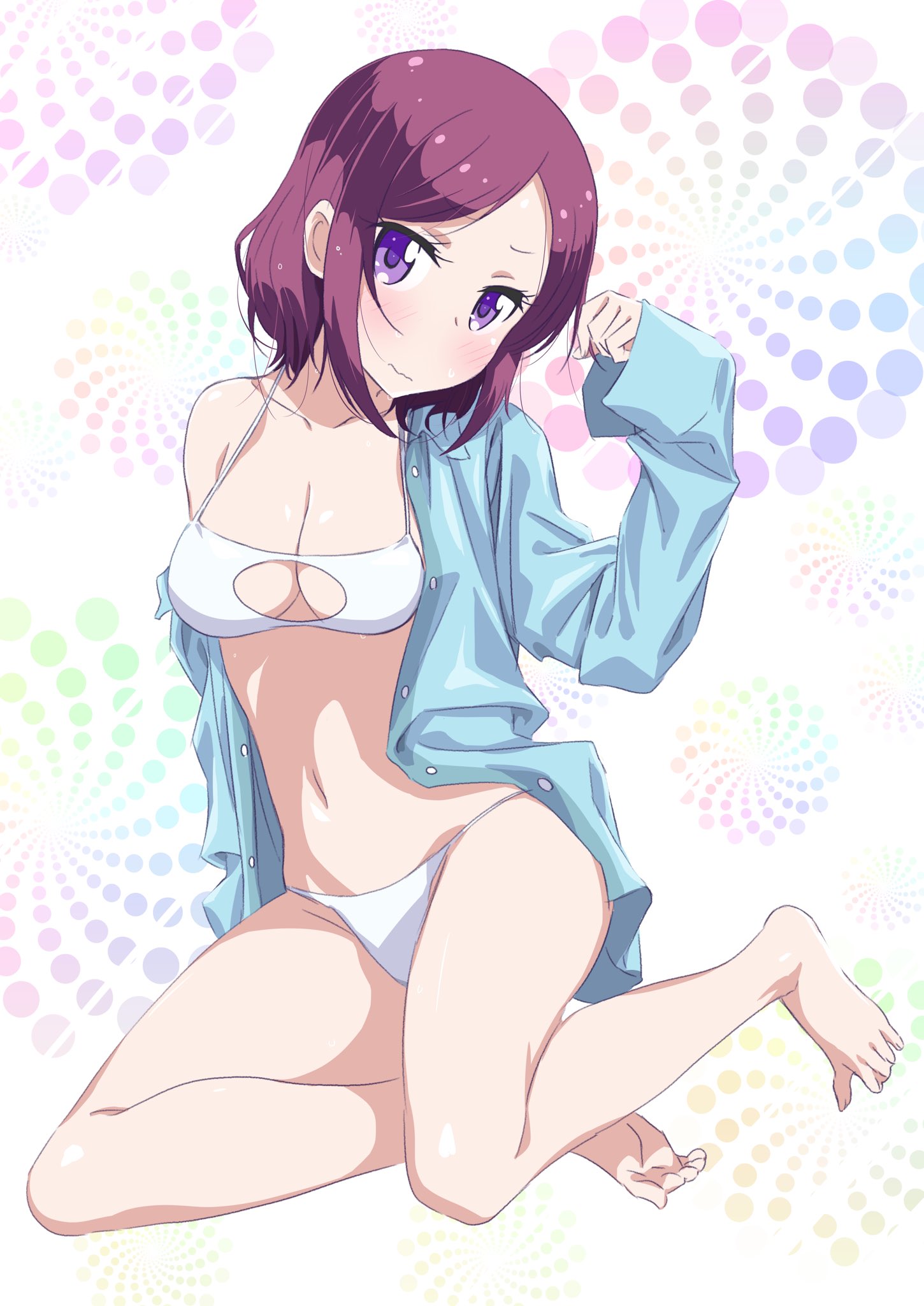 1girl barefoot bikini blue_shirt blush breasts brown_hair cleavage cleavage_cutout collarbone dress_shirt embarrassed full_body head_tilt highres looking_at_viewer medium_breasts navel new_game! open_clothes open_shirt pink_x shiny shiny_skin shirt short_hair sitting sketch solo swimsuit tooyama_rin violet_eyes white_bikini