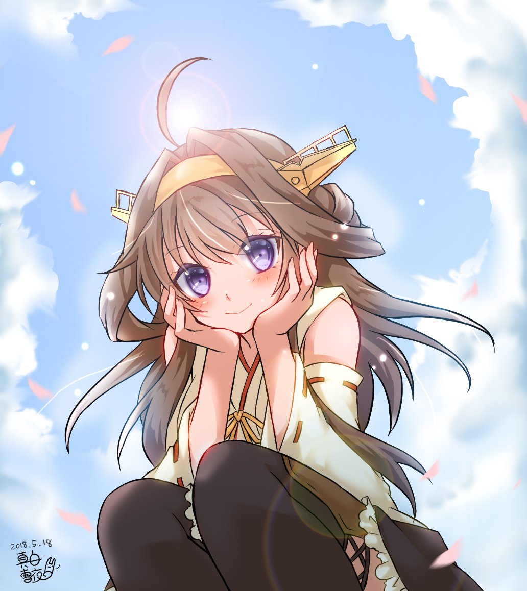 0yukiya0 1girl ahoge blush boots brown_hair clouds commentary_request dated detached_sleeves double_bun eyebrows_visible_through_hair hairband hands_on_own_cheeks hands_on_own_face headgear japanese_clothes kantai_collection kongou_(kantai_collection) long_hair nontraditional_miko remodel_(kantai_collection) ribbon-trimmed_sleeves ribbon_trim skirt sky smile solo thigh-highs thigh_boots violet_eyes