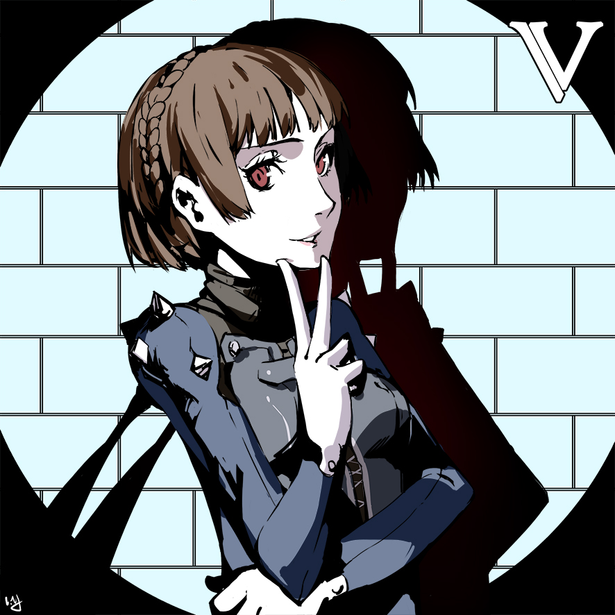 1girl brown_hair gloves grey_gloves long_hair nanaya_(daaijianglin) niijima_makoto parted_lips persona persona_5 red_eyes shadow short_hair smile solo upper_body v