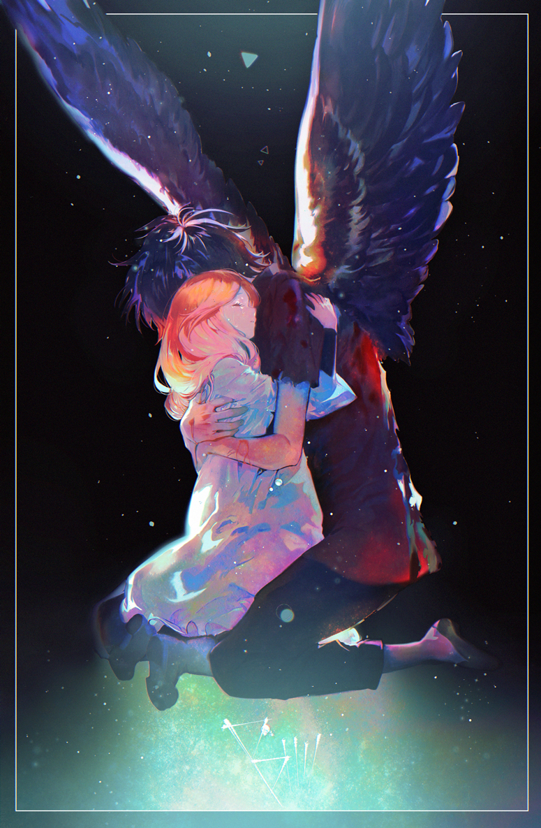 1boy 1girl black_background black_legwear black_pants boots border closed_eyes commentary_request copyright_request dress hug light_particles pants shirt shoes short_sleeves smile spread_wings tears white_dress wings yaku_(ziroken)