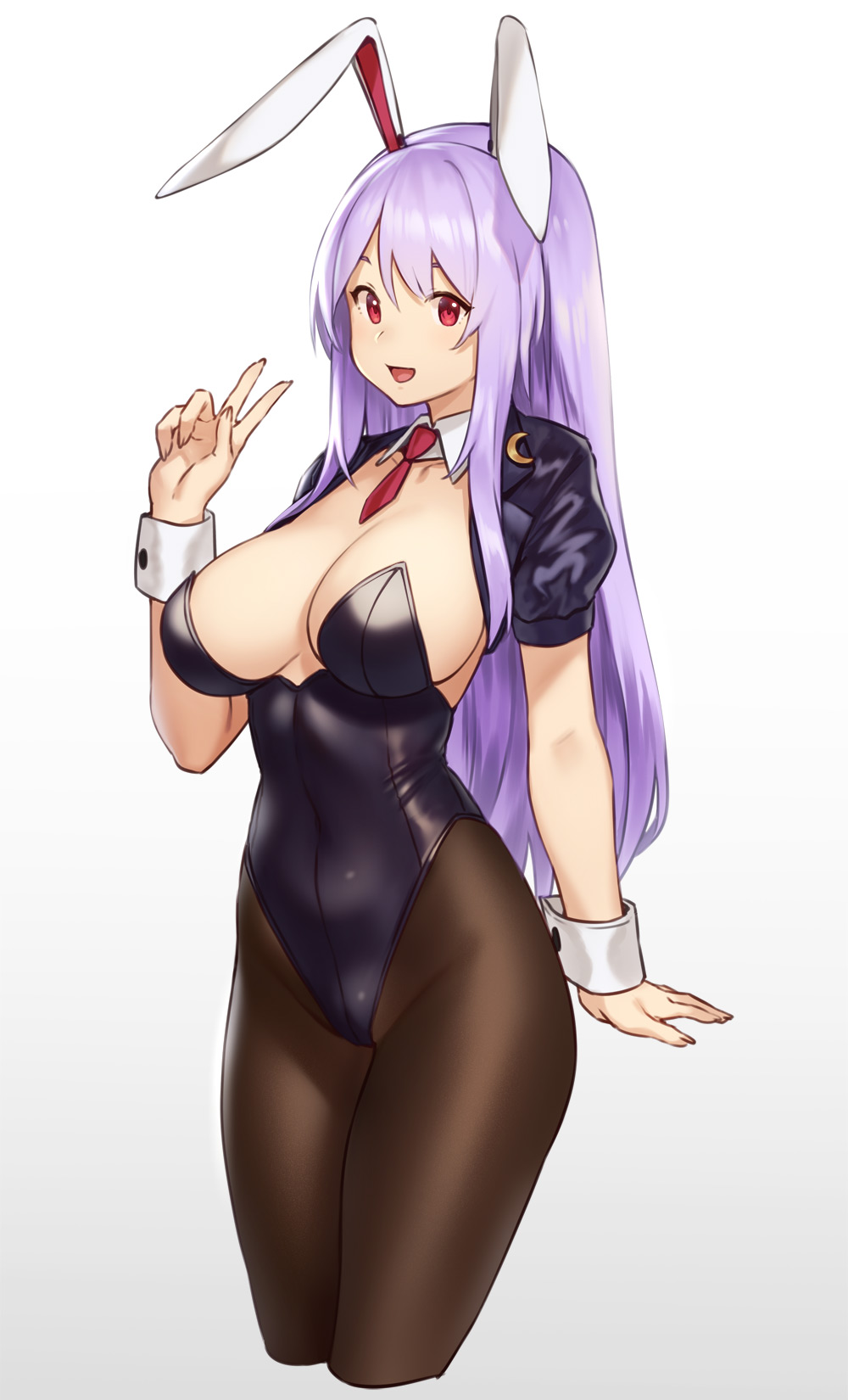 1girl :d animal_ears breasts brown_legwear bunnysuit cleavage commentary_request cropped_legs detached_collar gradient gradient_background highres houtengeki large_breasts leotard long_hair looking_at_viewer mini_necktie open_mouth pantyhose purple_hair rabbit_ears red_eyes reisen_udongein_inaba sidelocks simple_background smile solo thighs touhou v wrist_cuffs