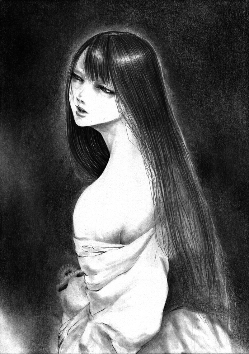 1girl commentary_request from_side graphite_(medium) greyscale half-closed_eyes hane_(azelye) long_hair long_sleeves monochrome off_shoulder original parted_lips skull solo traditional_media