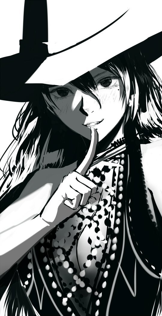 1girl bare_shoulders blush dress finger_to_mouth greyscale hair_between_eyes hand_up hat index_finger_raised long_hair looking_at_viewer mole mole_under_eye monochrome original parted_lips sakimori_(hououbds) shushing simple_background smile solo upper_body white_background