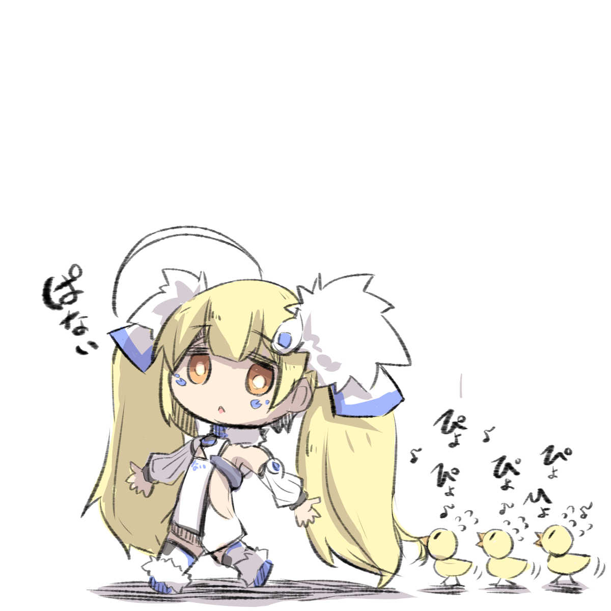1girl ahoge animal azur_lane bangs bare_shoulders bird blonde_hair chick commentary_request detached_sleeves dress eldridge_(azur_lane) eyebrows_visible_through_hair facial_mark flying_sweatdrops fur_trim hair_between_eyes hair_ornament hairclip highres long_hair long_sleeves looking_at_viewer looking_to_the_side orange_eyes parted_lips profile puffy_long_sleeves puffy_sleeves sleeveless sleeveless_dress solo thigh-highs translated twintails u-non_(annon'an) very_long_hair walking white_background white_dress white_legwear