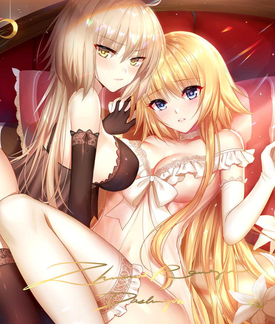 2girls ahoge babydoll bangs bare_shoulders black_gloves blonde_hair blue_eyes blush bow breasts cleavage collarbone commentary_request crescent dress elbow_gloves eyebrows_visible_through_hair fate/apocrypha fate/grand_order fate_(series) flower gloves hair_between_eyes hand_holding head_tilt highres interlocked_fingers jeanne_d'arc_(alter)_(fate) jeanne_d'arc_(fate) jeanne_d'arc_(fate)_(all) large_breasts light_brown_hair long_hair looking_at_viewer looking_to_the_side lying mallizmora multiple_girls navel on_back parted_lips pillow thigh-highs very_long_hair white_bow white_flower white_gloves white_legwear yellow_eyes