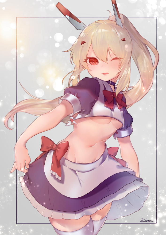 1girl alternate_costume apron ayanami_(azur_lane) azur_lane bangs black_choker black_shirt black_skirt blonde_hair blush bow breasts choker commentary_request crop_top enmaided eyebrows_visible_through_hair hair_between_eyes hair_ornament headgear high_ponytail karinto_yamada light_brown_hair long_hair looking_at_viewer maid midriff navel one_eye_closed parted_lips ponytail puffy_short_sleeves puffy_sleeves red_bow red_eyes shirt short_sleeves signature skindentation skirt small_breasts solo thigh-highs under_boob very_long_hair waist_apron white_apron white_legwear