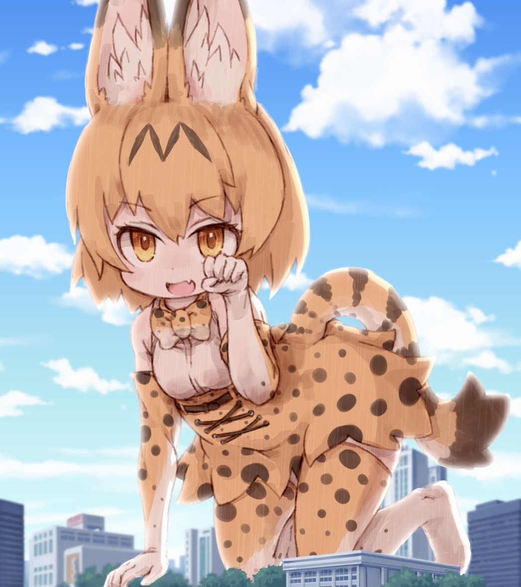 1girl :d animal_ears animal_print bangs bare_shoulders belt black_belt blue_sky blurry bow bowtie breasts building clouds day depth_of_field eyebrows eyebrows_visible_through_hair eyelashes fang giantess gloves hair_between_eyes hand_up high-waist_skirt kemono_friends kolshica medium_breasts multicolored multicolored_bow multicolored_clothes multicolored_gloves multicolored_hair multicolored_legwear multicolored_neckwear multicolored_skirt open_mouth orange_bow orange_eyes orange_gloves orange_hair orange_legwear orange_neckwear orange_skirt outdoors paw_pose serval_(kemono_friends) serval_ears serval_print serval_tail shirt short_hair skirt sky sleeveless sleeveless_shirt smile solo striped_tail tail thigh-highs tree white_bow white_gloves white_legwear white_neckwear white_shirt zettai_ryouiki