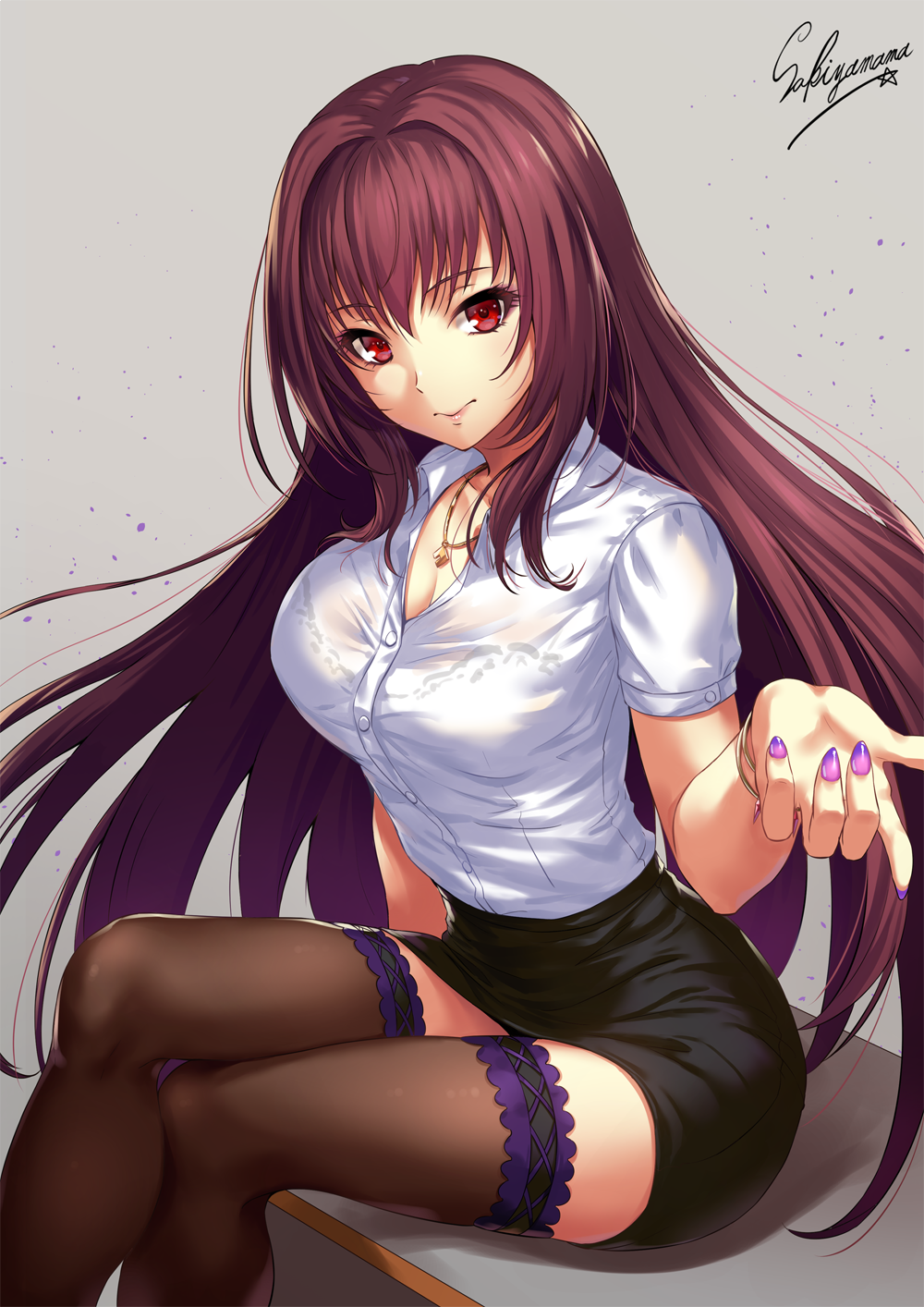 1girl artist_name black_skirt blouse bracelet breasts cleavage collarbone collared_blouse commentary fate/grand_order fate_(series) grey_background hair_intakes highres jewelry large_breasts legs_crossed lips long_hair looking_at_viewer nail_polish necklace office_lady pencil_skirt purple_hair purple_nails red_eyes sakiyamama scathach_(fate/grand_order) short_sleeves simple_background sitting skirt smile solo thigh-highs very_long_hair white_blouse