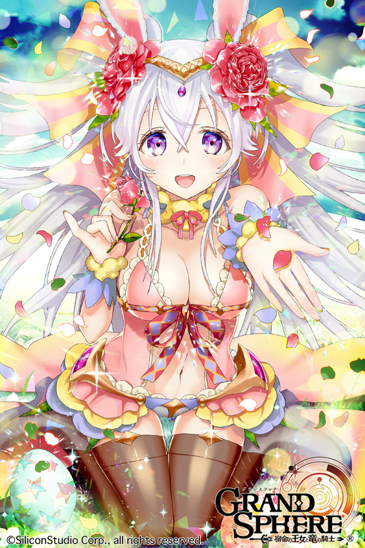 1girl animal_ears breasts brown_legwear circlet cleavage confetti easter_egg egg flower grand_sphere hair_between_eyes hair_flower hair_ornament holding holding_flower kuroi long_hair midriff navel official_art outstretched_hand petals pink_skirt rabbit_ears revealing_clothes silver_hair skirt very_long_hair violet_eyes