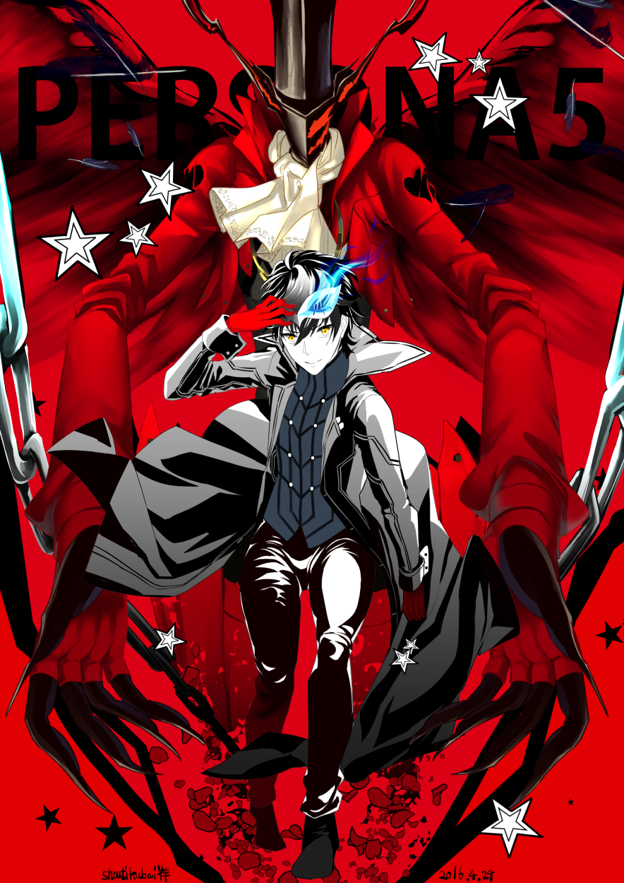 1boy 2016 amamiya_ren arsene_(persona_5) bangs black_footwear black_hair black_pants copyright_name dated gloves grey_cape highres holding holding_mask long_hair male_focus mask pants persona persona_5 red_background red_gloves shadow shoochiku_bai signature smile star yellow_eyes