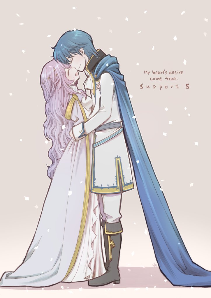 1boy 1girl artist_request blue_hair blush cape circlet couple diadora_(fire_emblem) dress fire_emblem fire_emblem:_seisen_no_keifu jewelry lavender_hair long_hair purple_hair short_hair sigurd_(fire_emblem) smile