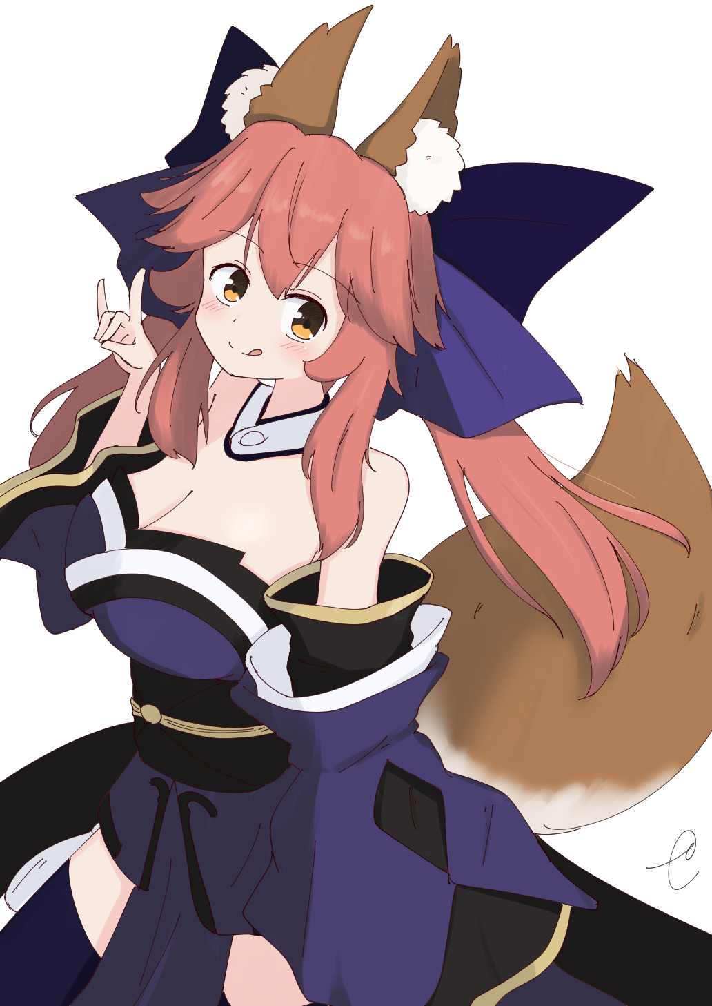 1girl :q animal_ears bangs bare_shoulders blue_bow blue_kimono blue_legwear blush bow breasts brown_eyes cleavage closed_mouth commentary_request detached_sleeves eyebrows_visible_through_hair fate/extra fate_(series) fox_ears fox_girl fox_shadow_puppet fox_tail hair_between_eyes hair_bow hand_up highres japanese_clothes kimono kujou_karasuma large_breasts long_hair long_sleeves looking_at_viewer pink_hair sidelocks signature simple_background smile solo strapless tail tamamo_(fate)_(all) tamamo_no_mae_(fate) thigh-highs tongue tongue_out twintails white_background wide_sleeves