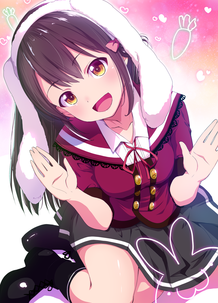 1girl :d animal_ears black_skirt brown_hair commentary_request eyebrows_visible_through_hair hands_up head_tilt hibiki_ao hibiki_ao_(character) long_hair looking_at_viewer natsumi_akira open_mouth orange_eyes rabbit_ears sitting skirt smile solo virtual_youtuber yokozuwari