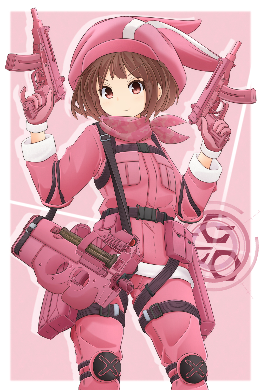 1girl animal_hat bandanna bangs belt brown_hair bullpup bunny_hat closed_mouth commentary_request cowboy_shot dual_wielding elbow_pads emblem eyebrows_visible_through_hair gloves gun hat highres holding ichigotofu jacket knee_pads llenn_(sao) looking_at_another looking_at_viewer outside_border p-chan_(sao) p90 pants pink_background pink_bandanna pink_eyes pink_gloves pink_hat pink_jacket pinky_out short_hair skorpion_vz._61 smirk solo standing submachine_gun sword_art_online sword_art_online_alternative:_gun_gale_online tactical_clothes trigger_discipline utility_belt v-shaped_eyebrows weapon