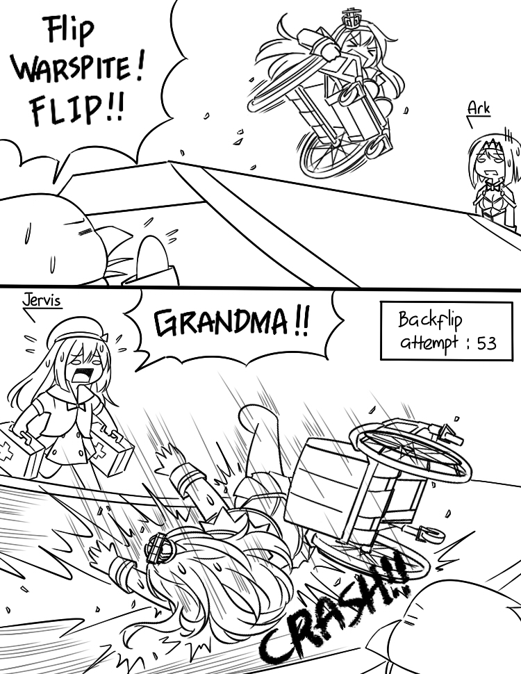 &gt;_&lt; 2koma 3girls =_= ark_royal_(kantai_collection) beret bird character_name comic commentary crash crown english failure first_aid_kit greyscale guin_guin hat jervis_(kantai_collection) kantai_collection long_hair mini_crown monochrome multiple_girls non-human_admiral_(kantai_collection) open_mouth penguin running short_hair warspite_(kantai_collection) wheelchair