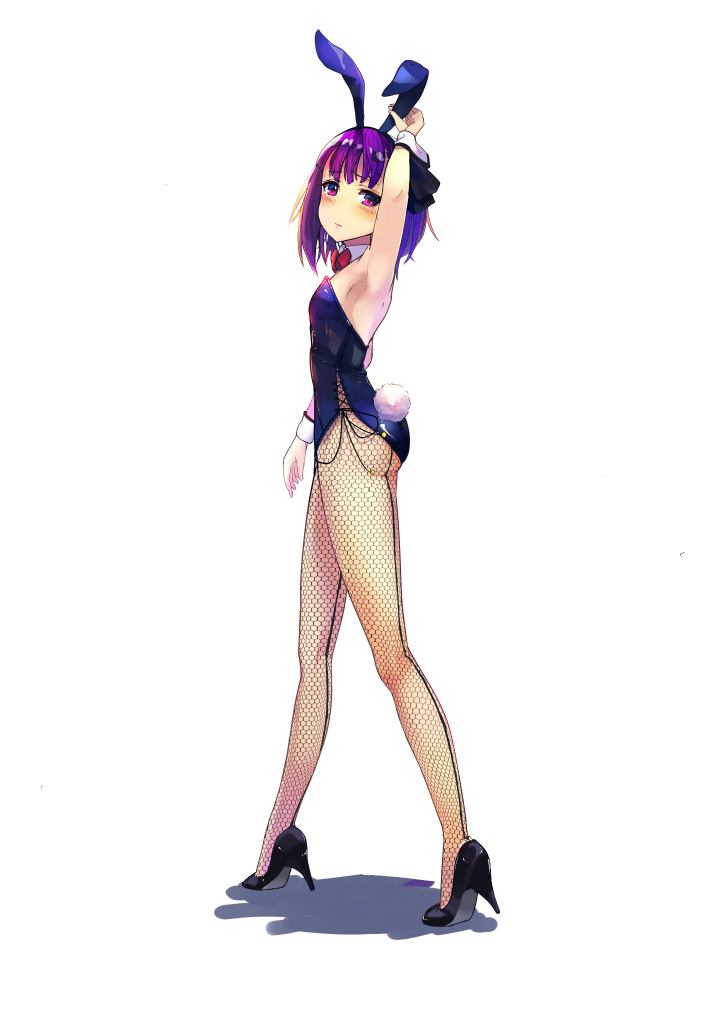 1girl animal_ears arm_up armpits ass bangs bare_shoulders blush bow bowtie breasts bunny_girl bunny_tail bunnysuit detached_collar fate/grand_order fate_(series) fishnet_pantyhose fishnets full_body helena_blavatsky_(fate/grand_order) high_heels hips legs leotard looking_at_viewer pantyhose parted_lips purple_hair rabbit_ears short_hair simple_background small_breasts solo strapless strapless_leotard sunga2usagi tail thighs violet_eyes wrist_cuffs