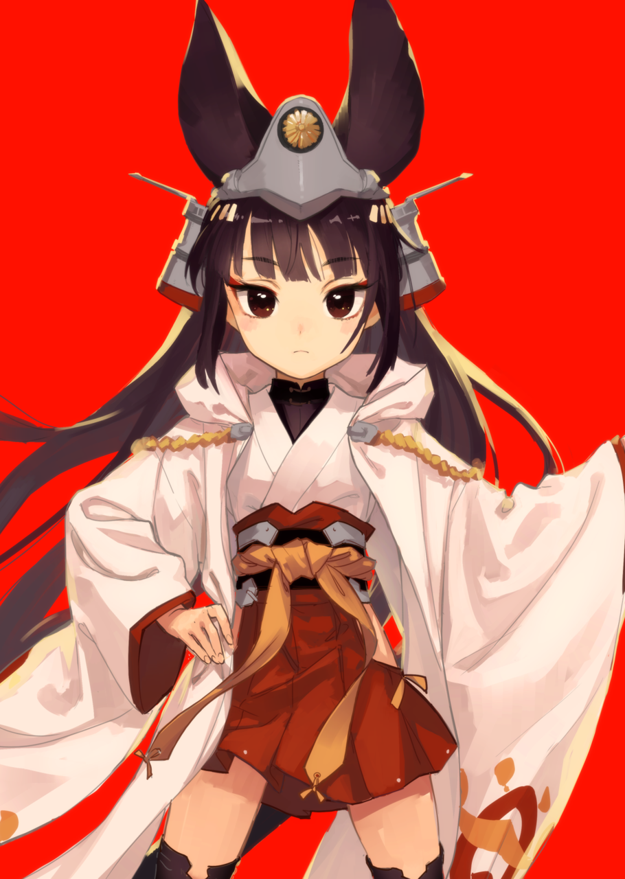 1girl animal_ears azur_lane bangs black_hair brown_eyes hakama_skirt hand_on_hip headgear highres japanese_clothes kawakami_rokkaku long_hair long_sleeves looking_at_viewer miniskirt nagato_(azur_lane) nontraditional_miko pleated_skirt red_background skirt solo thigh-highs turtleneck wide_sleeves