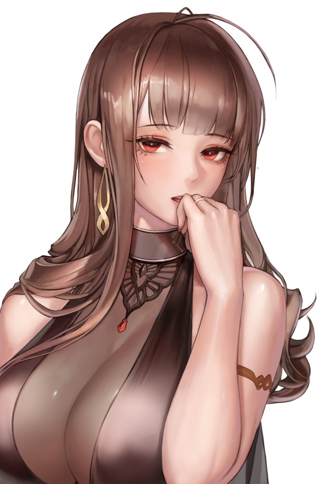 1girl ahoge alternate_costume armlet bangs blush breasts brown_hair choker cleavage dress dsr-50_(girls_frontline) earrings gem girls_frontline hand_to_own_mouth jewelry large_breasts long_hair looking_at_viewer monaim open_mouth pendant red_eyes ring see-through simple_background sleeveless sleeveless_dress solo upper_body wedding_band white_background
