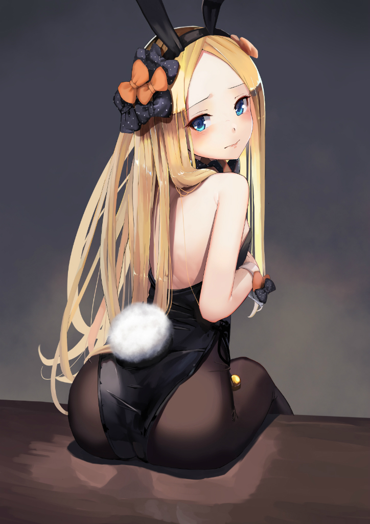 1girl abigail_williams_(fate/grand_order) animal_ears ass bangs bare_shoulders black_bow black_hairband black_legwear black_leotard blonde_hair blue_eyes blush bow breasts bunny_girl bunny_tail bunnysuit closed_mouth fake_animal_ears fate/grand_order fate_(series) forehead hair_bow hairband head_tilt leotard long_hair looking_at_viewer looking_back orange_bow pantyhose parted_bangs polka_dot polka_dot_bow rabbit_ears sitting small_breasts solo strapless strapless_leotard sunga2usagi tail very_long_hair wrist_cuffs