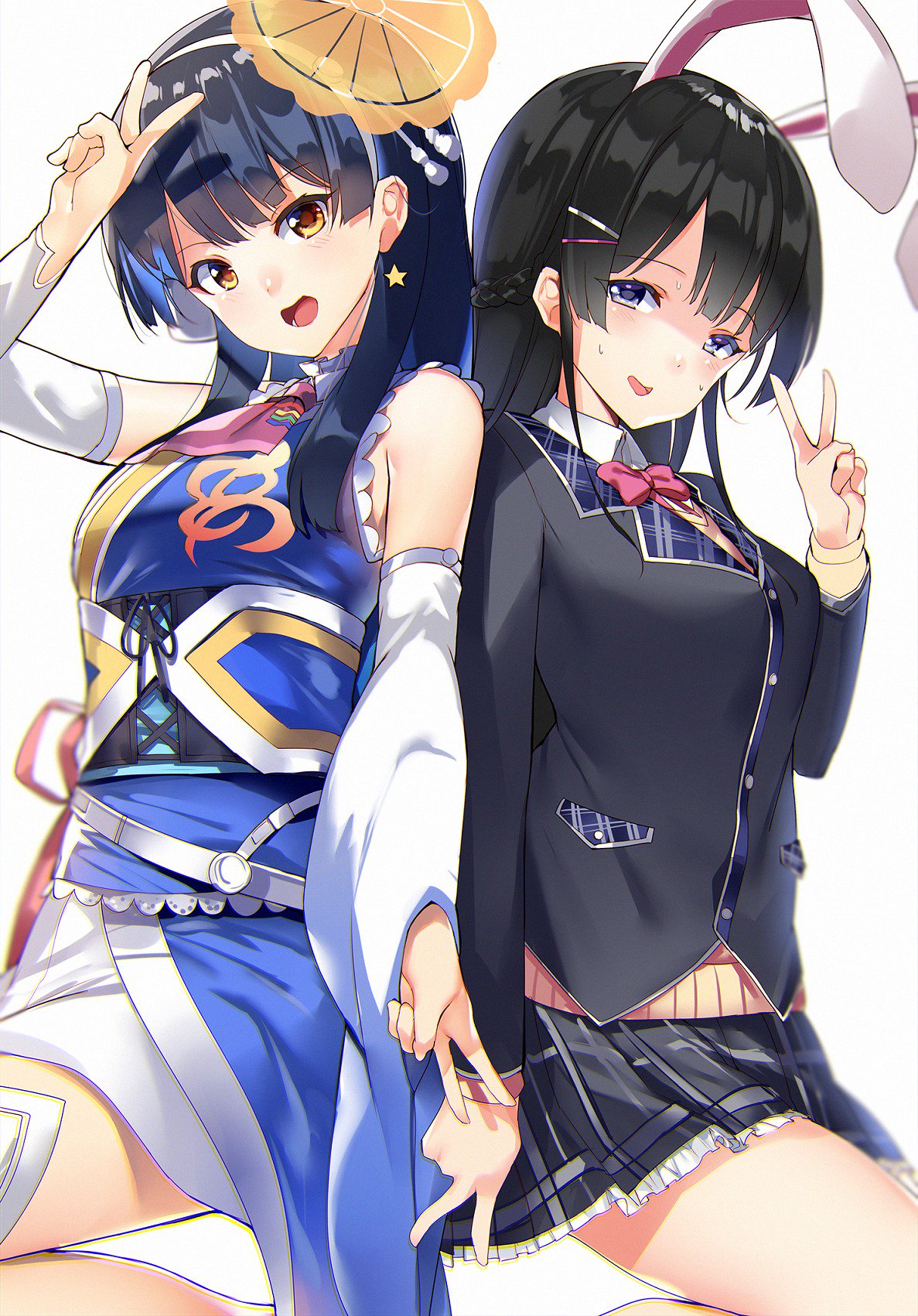 2girls :d animal_ears black_hair blazer blue_hair bow bowtie braid commentary_request detached_sleeves double_v earrings frilled_skirt frills from_side hair_ornament hairband hairclip half_updo highres jacket japanese_clothes jewelry kimono looking_at_viewer mismatched_sleeves multiple_girls nijisanji open_mouth orihi_chihiro pink_bow pink_neckwear plaid plaid_skirt rabbit_ears school_uniform shaded_face side-by-side skirt sleeveless sleeveless_kimono smile star star_earrings sweat sweater tsukino_mito v violet_eyes virtual_youtuber weathernews weatheroid white_hairband wide_sleeves