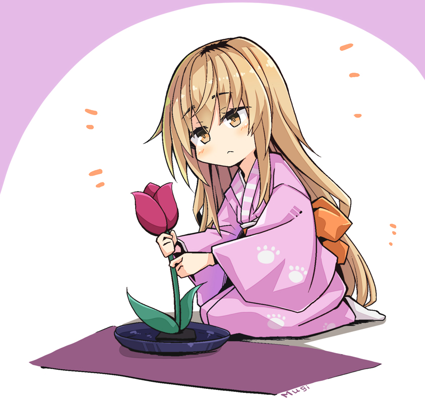 1girl adapted_costume blonde_hair blush bow brown_eyes character_name closed_mouth flower head_tilt ienaga_mugi japanese_clothes kimono long_hair nijisanji no_shoes ogami_kazuki orange_bow paw_print pink_kimono print_kimono red_flower seiza sitting socks solo tulip very_long_hair white_legwear