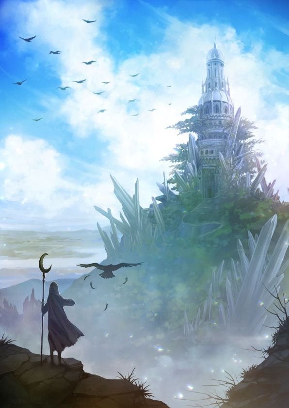 1other ambiguous_gender bird blue_sky castle clouds cloudy_sky coat commentary_request crystal day facing_away fantasy from_behind grass holding original outdoors sachi_(yumemayoi) scenery sky solo tower