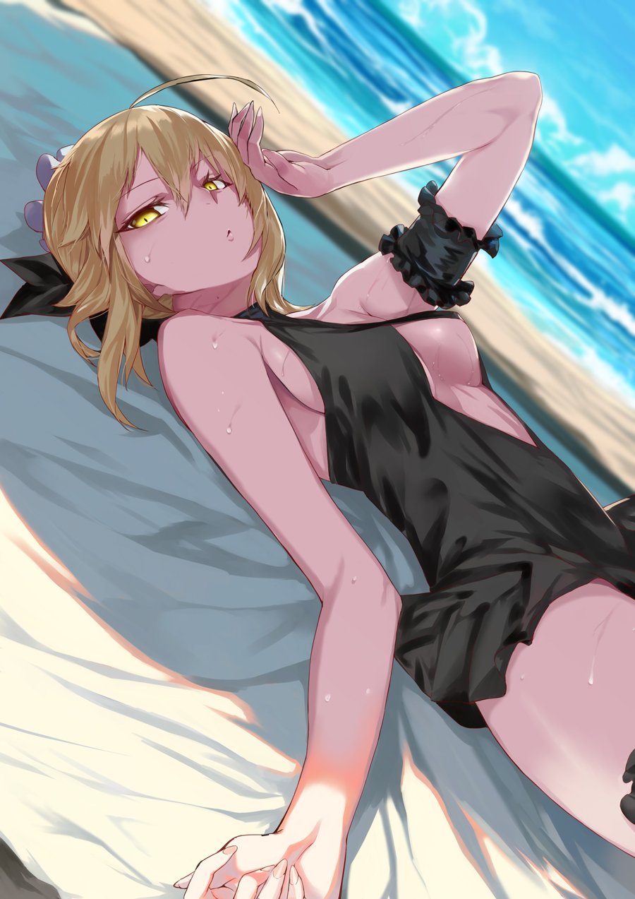 1girl ahoge armband artoria_pendragon_(all) beach black_bow black_swimsuit blonde_hair bow breasts center_opening day dutch_angle fate/grand_order fate/stay_night fate_(series) hair_bow highres hot looking_at_viewer lying medium_breasts ocean ohland on_back one-piece_swimsuit saber_alter shade solo sweat swimsuit yellow_eyes