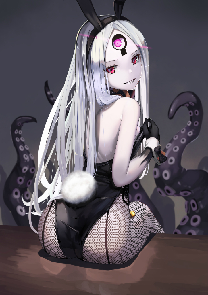 1girl abigail_williams_(fate/grand_order) animal_ears ass back bangs bare_shoulders black_bow bow bowtie bunny_girl bunny_tail bunnysuit detached_collar fate/grand_order fate_(series) fishnet_pantyhose fishnets grin hair_bow hips keyhole leotard long_hair looking_at_viewer orange_bow pantyhose parted_bangs polka_dot polka_dot_bow rabbit_ears red_eyes silver_hair simple_background sitting smile solo strapless strapless_leotard sunga2usagi tail tentacle third_eye very_long_hair white_skin wrist_cuffs